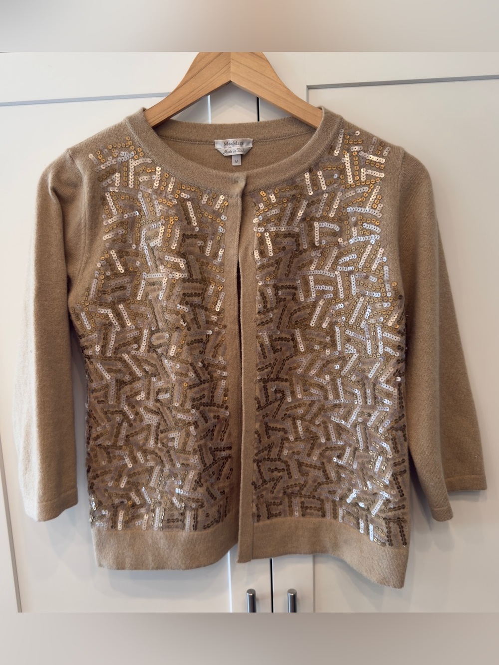 MaxMara Beige Gold Sequin Cashmere Cardigan Size M EUC
